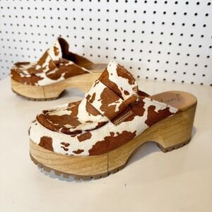 Free People | Corbin Cow Print Wood Platform Clogs Mules Size 8/ 38